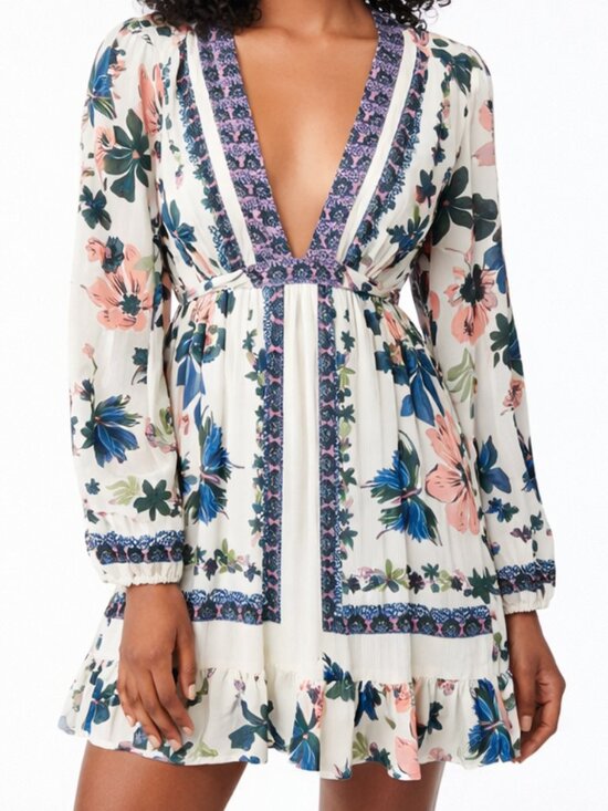 Free People Dresses & Skirts - NWT Free People Ivory Floral Border Print Deep V Mini Dress | Size 2